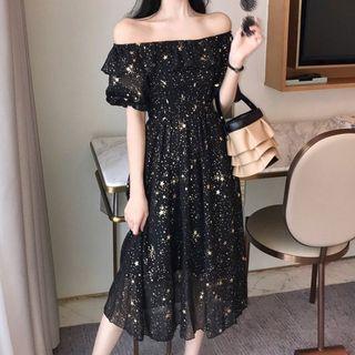Short-sleeve Star Sequined Midi A-line Mesh Dress