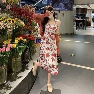 Spaghetti-strap Rose Print Midi A-line Dress / Cardigan / Set