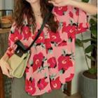 Elbow-sleeve Floral Print Shirt Red Flower - Pink - One Size