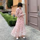 V-neck Floral Print Long Dress Pink - One Size