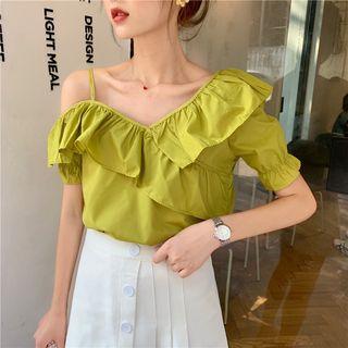 Asymmetric Shoulder Ruffle Trim Blouse