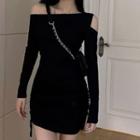Asymmetrical Cold-shoulder Mini Bodycon Dress Black - One Size