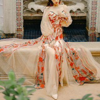 Long-sleeve Floral Embroidered Maxi Corset Dress