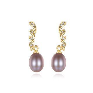 Sterling Silver Plated Gold Simple Elegant Wings Purple Freshwater Pearl Earrings With Cubic Zirconia Golden - One Size