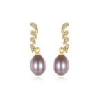 Sterling Silver Plated Gold Simple Elegant Wings Purple Freshwater Pearl Earrings With Cubic Zirconia Golden - One Size