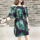 Leaf Print Off-shoulder Shift Dress