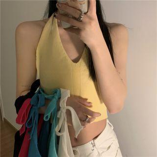 Halter-neck Collared Cropped Knit Top