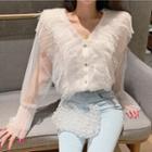 V-neck Fringed Mesh Blouse White - One Size