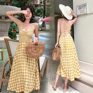 Open Back Checked Spaghetti Strap Midi A-line Dress