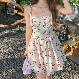 Spaghetti Strap Cherry Print A-line Dress Red Cherries - White - One Size