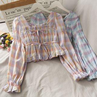 Tie-front Square-neck Plaid Crop Top