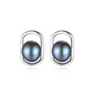 Sterling Silver Simple Openwork Geometric Black Freshwater Pearl Stud Earrings Silver - One Size