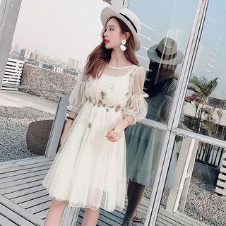 Elbow-sleeve Flower-applique A-line Mesh Dress