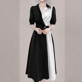 Short-sleeve Two Tone A-line Midi Shirt Dress