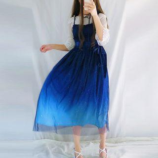 Set: Spaghetti Strap Ombr  A-line Dress + 3/4-sleeve Top