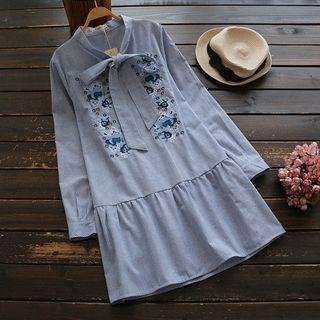 Tie-neck Embroidered A-line Dress