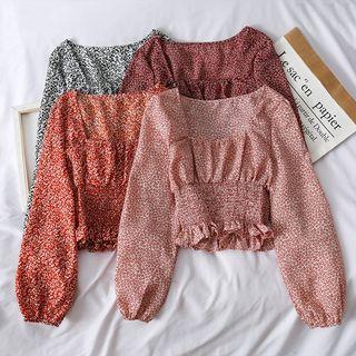 Square-neck Smocked Floral Crop Top