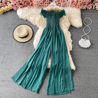 Off Shoulder Ruffled Smocked Jumpsuit