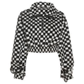 Checkered Fluffy Cropped Zip Jacket
