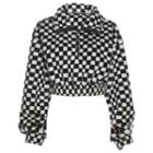 Checkered Fluffy Cropped Zip Jacket