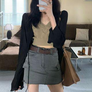 Knit Cropped Camisole Top / Cardigan / Mini Pencil Skirt / Set