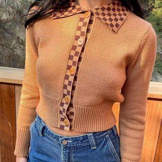 Collared Check Trim Cardigan