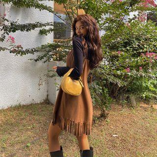 Tie-strap Fringed Faux-suede Dress