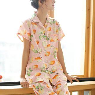 Loungewear Set: Lemon Print Short-sleeve Top + Capri Pants