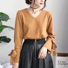 Set: Plain V-neck Sweater + Faux Leather Flared Midi Skirt