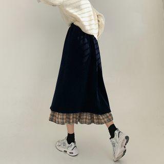 Plaid Panel Corduroy Midi Skirt