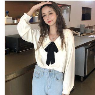 Long-sleeve Contrast Trim Ribbon Blouse