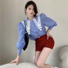 Lace Trim Collar Puff Sleeve Plaid Shirt / High Waist Denim Shorts