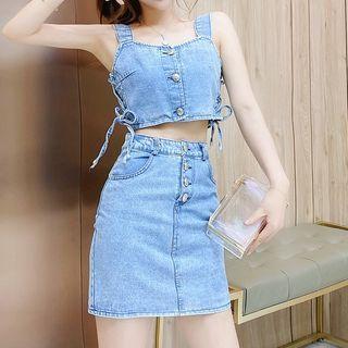 Set: Sleeveless Denim Cropped Top + Buttoned Skirt