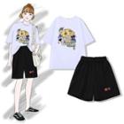 Rabbit Print Short-sleeve T-shirt / Flower Embroidered Shorts