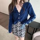 Long-sleeve Plain Lace-up Knit Cardigan As Show In Figure - One Size