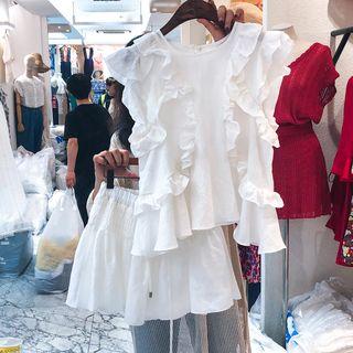 Set: Ruffle Trim Short-sleeve Blouse + Shorts