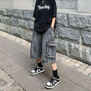Washed Denim Wide Leg Cargo Shorts