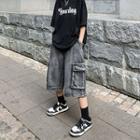 Washed Denim Wide Leg Cargo Shorts