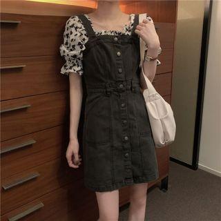 Puff-sleeve Floral Print Blouse / Denim Jumper Dress