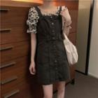 Puff-sleeve Floral Print Blouse / Denim Jumper Dress