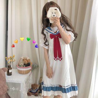 Ruffle Trim Blouse / Bow Accent Sleeveless A-line Dress