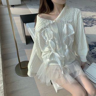 Long-sleeve Tie-accent Cable Knit Top / High-waist Sheer Skirt