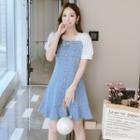 Puff-sleeve Denim Panel A-line Dress