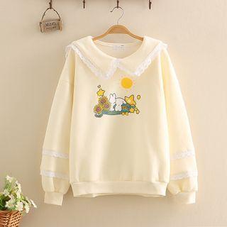 Catoon Print Lace Trim Collared Sweatshirt