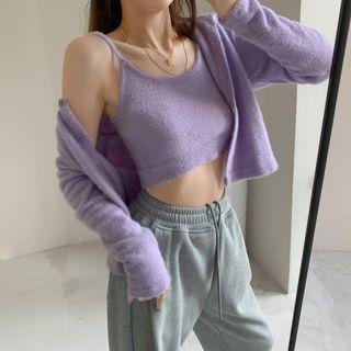 Set: Furry-knit Cropped Camisole + Crew-neck Cardigan