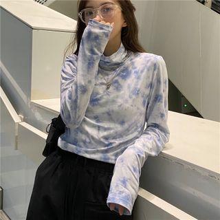Long-sleeve Turtleneck Tie Dye T-shirt Blue - One Size