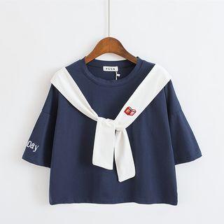 Mock Two Piece Embroidered Short Sleeve T-shirt