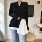 Color-block Mock-two Long-sleeve Slim-fit Knit Top As Figure - One Size