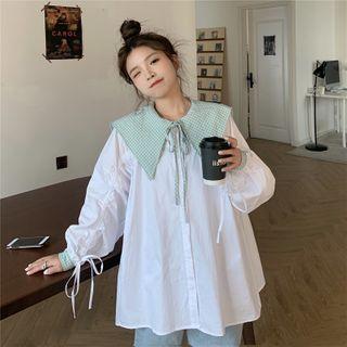 Long-sleeve Check Wide-collar Blouse