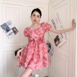 Puff-sleeve Flower Detail Mini A-line Dress